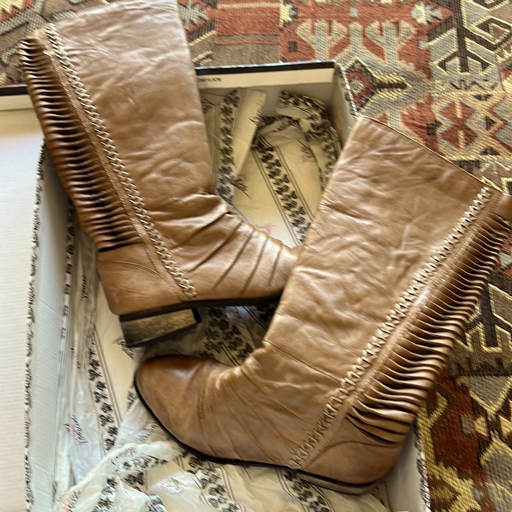 Fringe Taupe below the knee leather boots